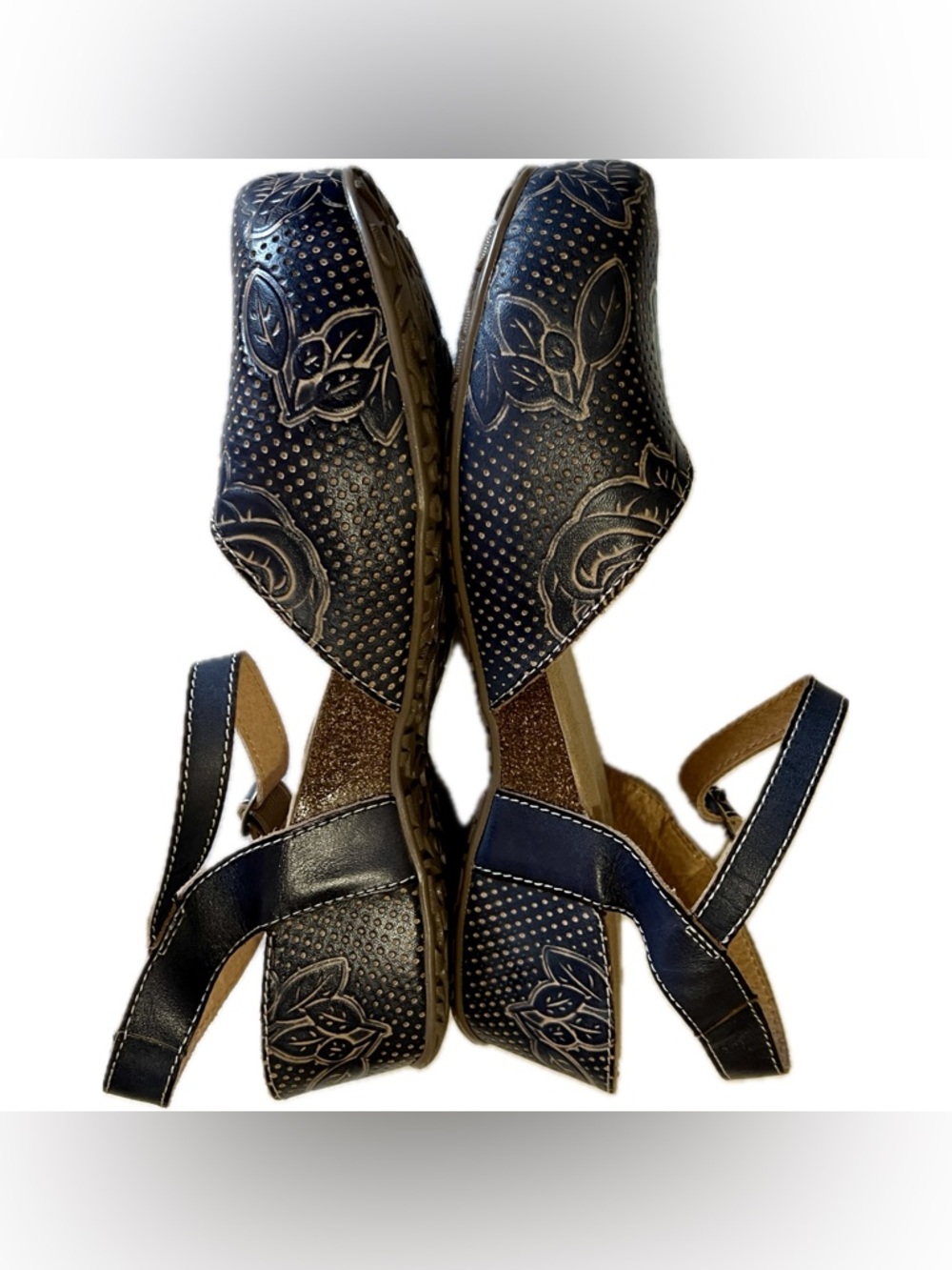 L’Artiste Lizzie Rose leather navy blue closed toe wedge sandals US 8.5 - Picture 2 of 7
